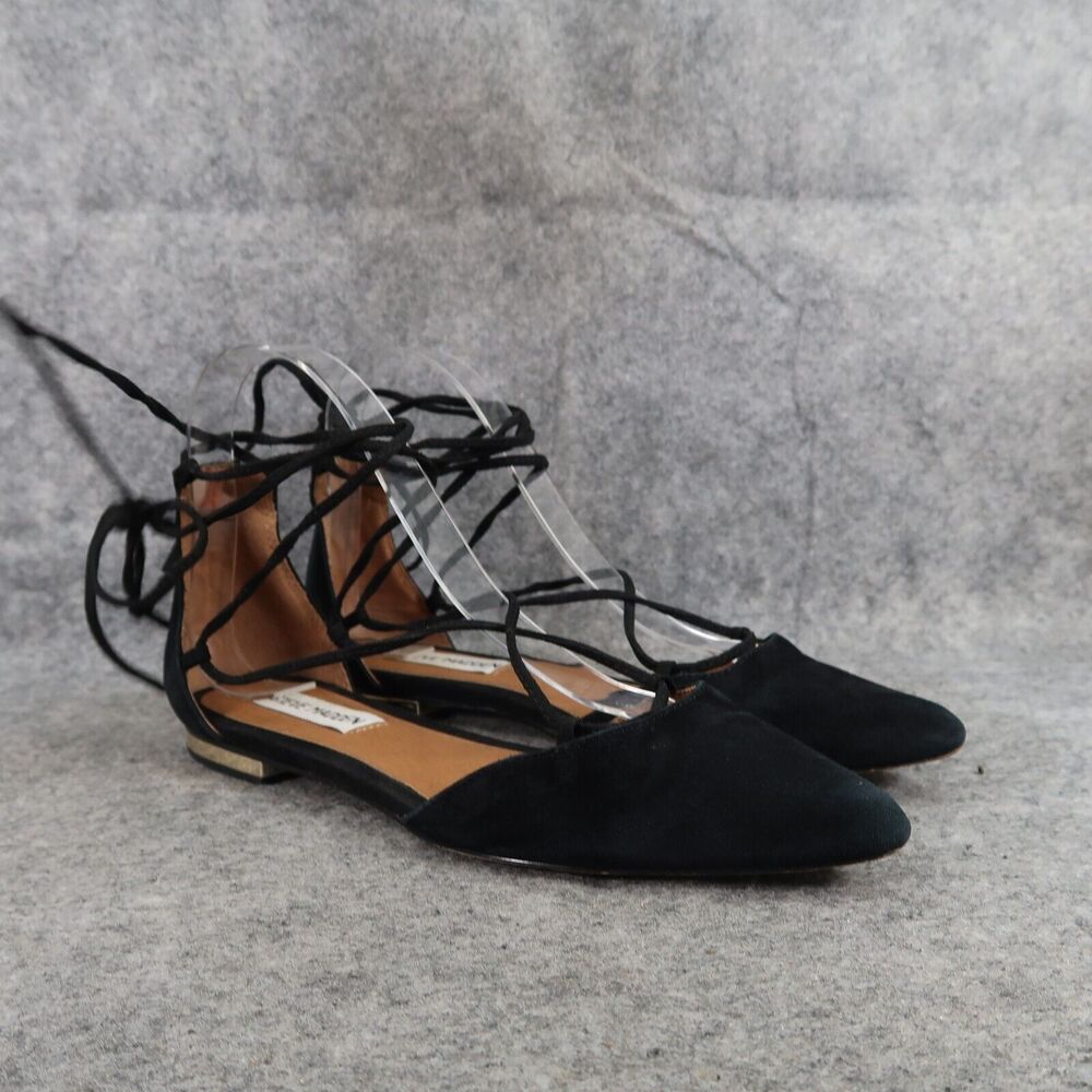 Steve Madden Shoes Womens 6.5 Flats Fashion Leather Ankle Wrap Black Sunshine